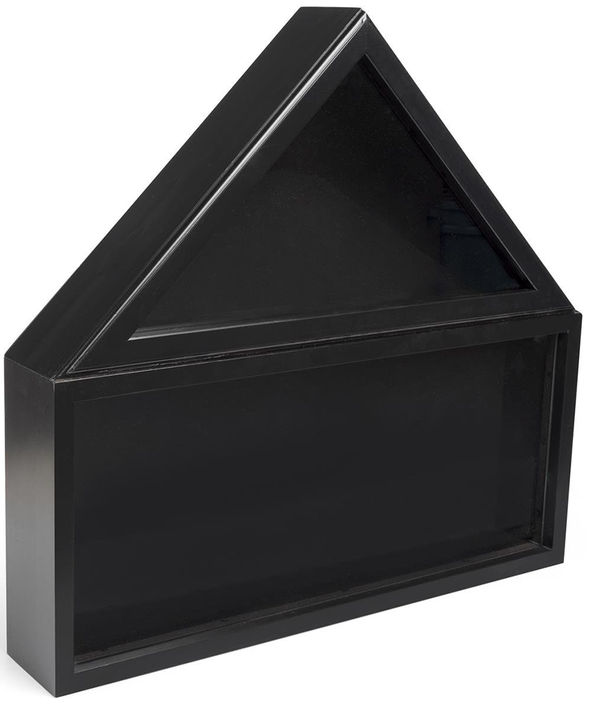 Commemorative Flag and Awards Case made of pine wood with tempered glass, displaying a folded US flag and military medals.