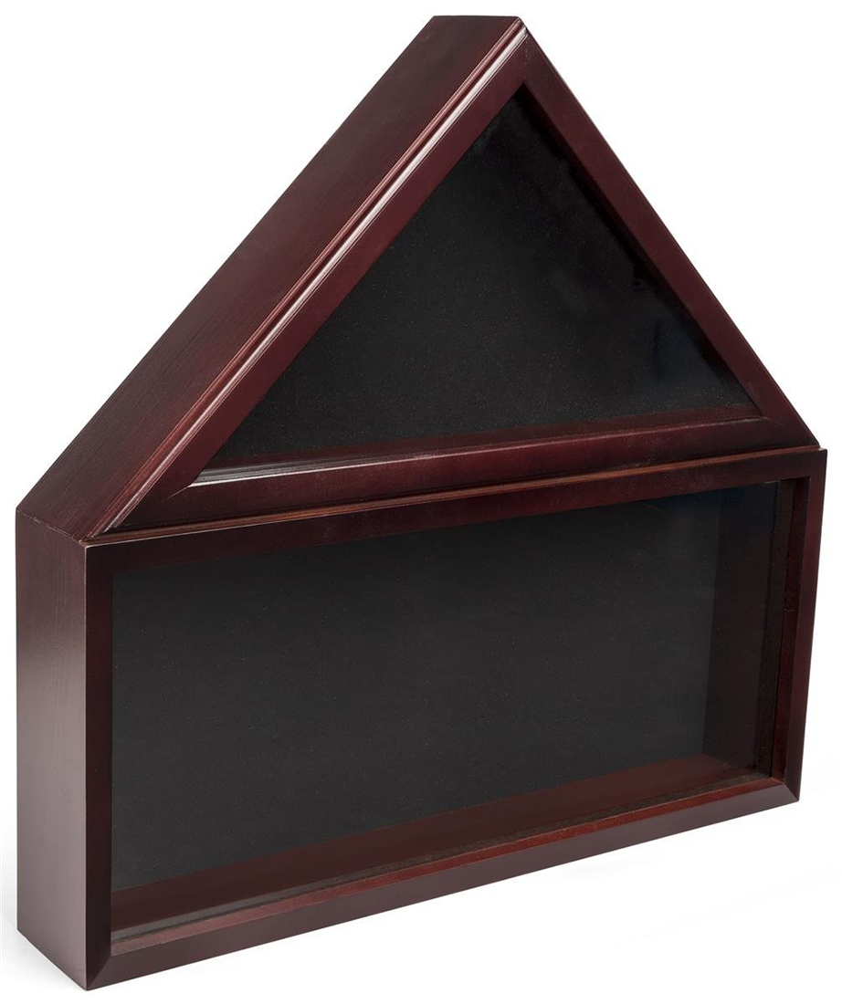 Commemorative Flag Memorabilia Case made of solid pine with a tempered glass front, displaying military medals and a US flag.