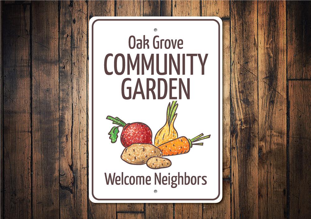 A beautifully crafted Community Garden Welcome Sign made of durable aluminum, featuring customizable text and pre-drilled holes for easy mounting.