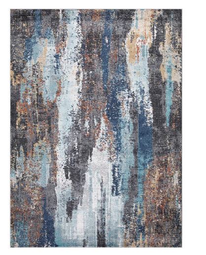 Abstract multicolored area rug.