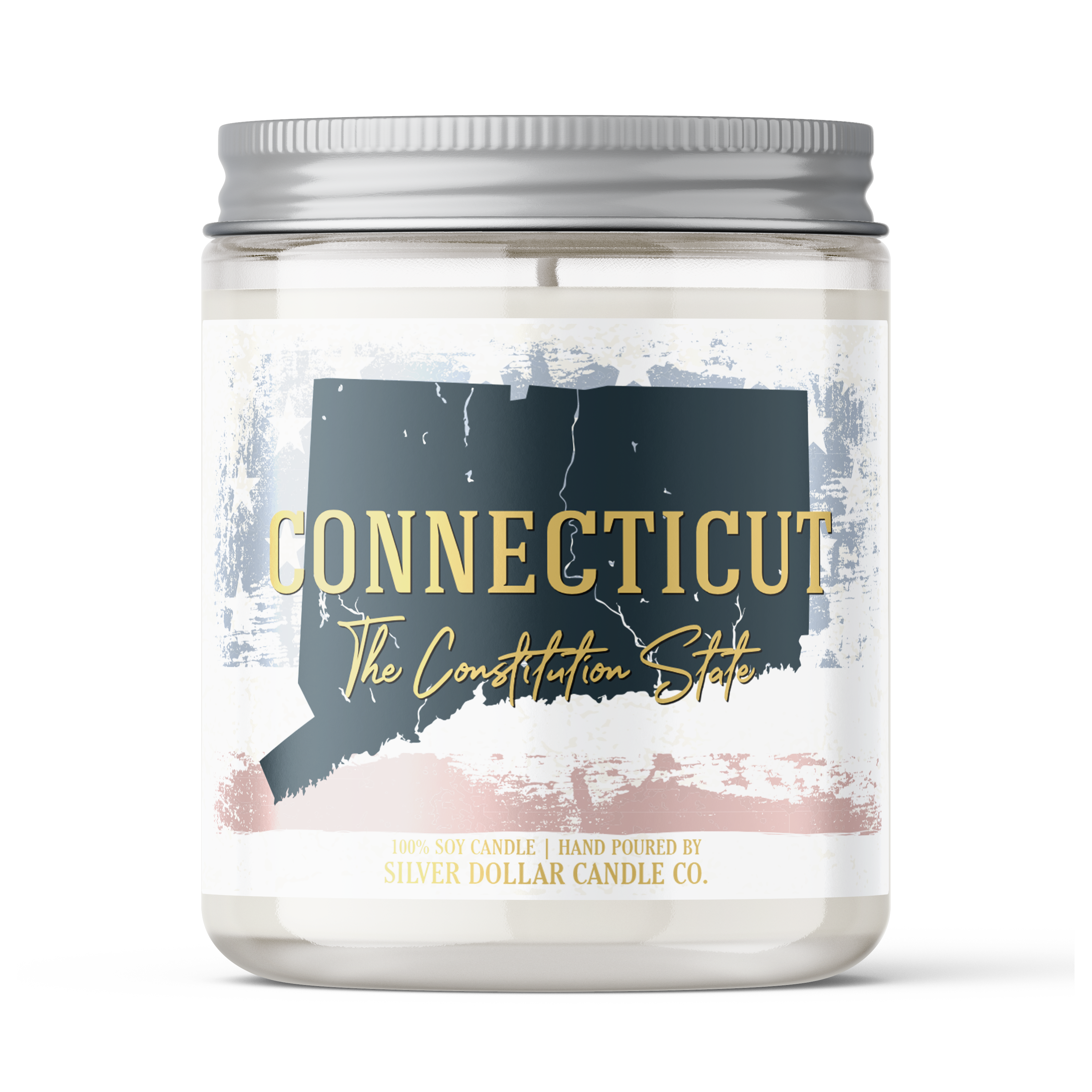 Connecticut State Candle in a decorative box, showcasing its personalized lid and vibrant fragrance options.
