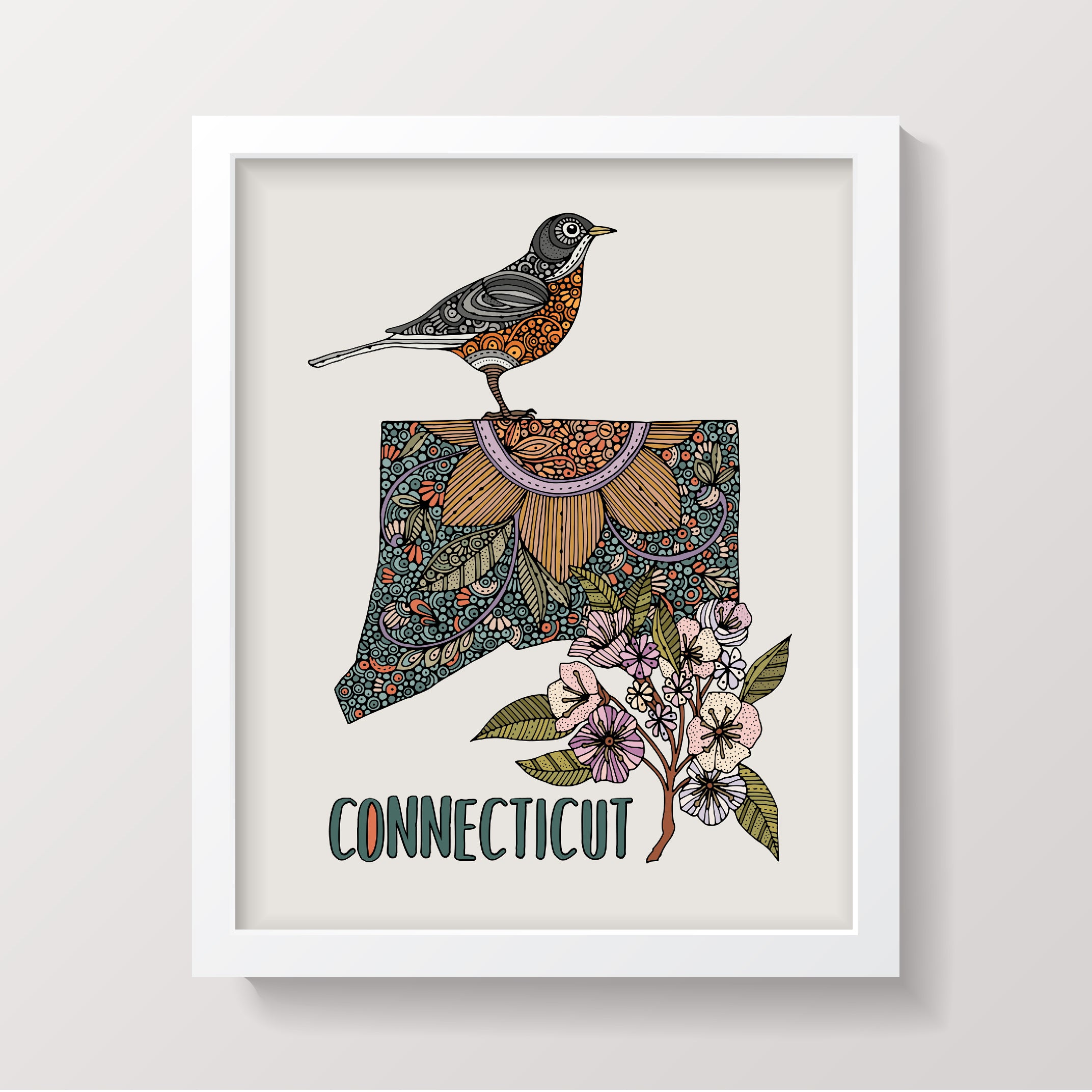 Detailed Connecticut state map featuring the American robin and mountain laurel, printed on matte cardstock.