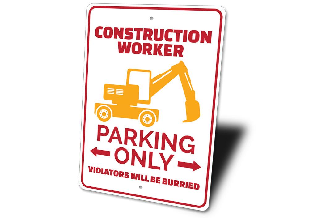 A durable aluminum Construction Worker Parking Sign with customizable text, designed for easy visibility and installation.