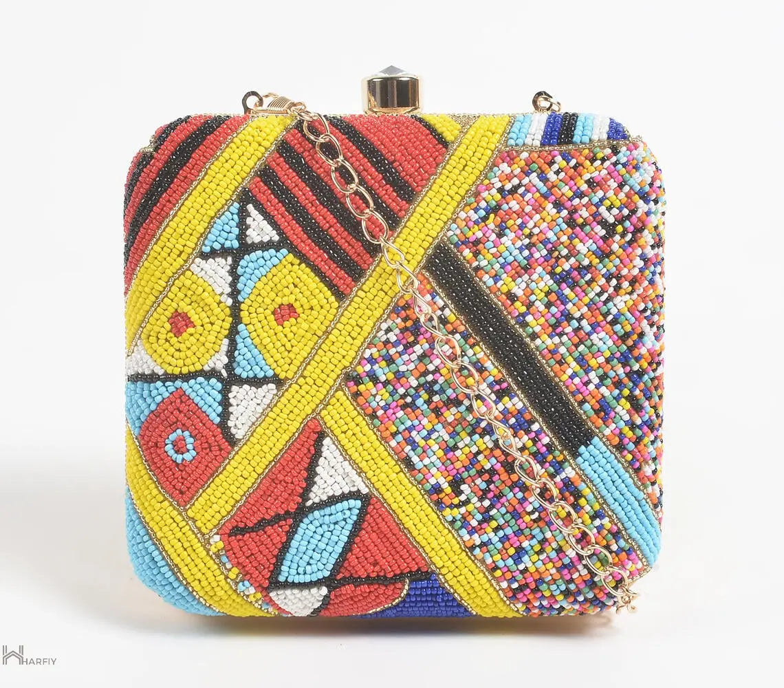 Constructivism Glass Beads Ornate Clutch Bag featuring multicolor embroidery and a metal frame, showcasing intricate artisan craftsmanship.
