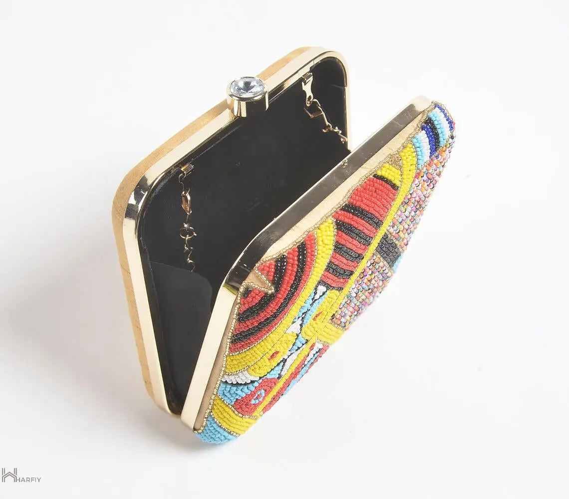 Constructivism Glass Beads Ornate Clutch Bag featuring multicolor embroidery and a metal frame, showcasing intricate artisan craftsmanship.