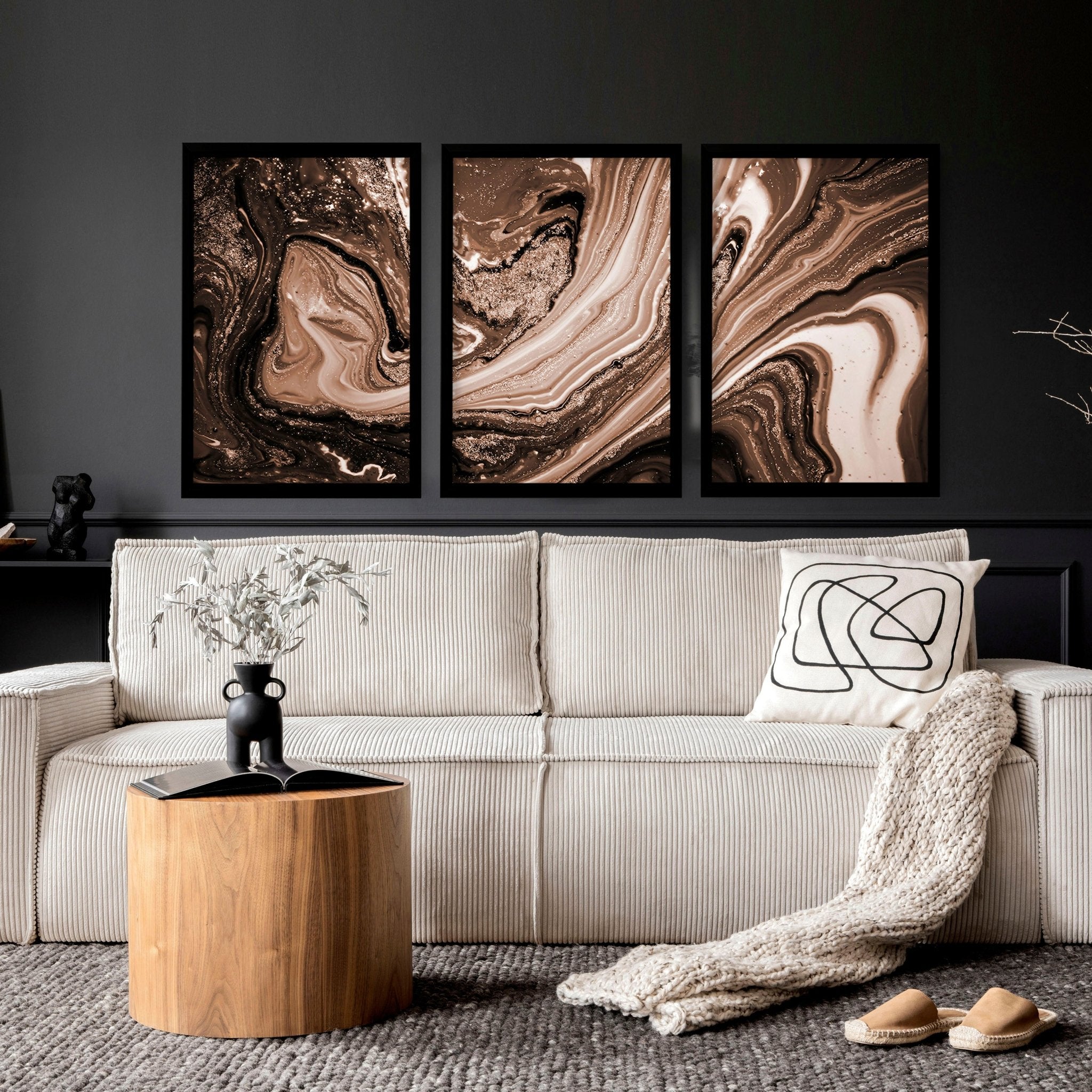 Set of 3 framed copper wall art prints featuring intricate abstract marble textures in rich brown, copper, and gold tones.