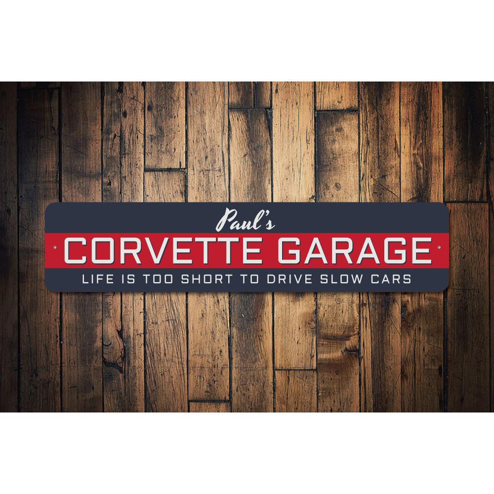Customizable Corvette Garage Name Sign made from high-quality aluminum, featuring pre-drilled holes for easy mounting.