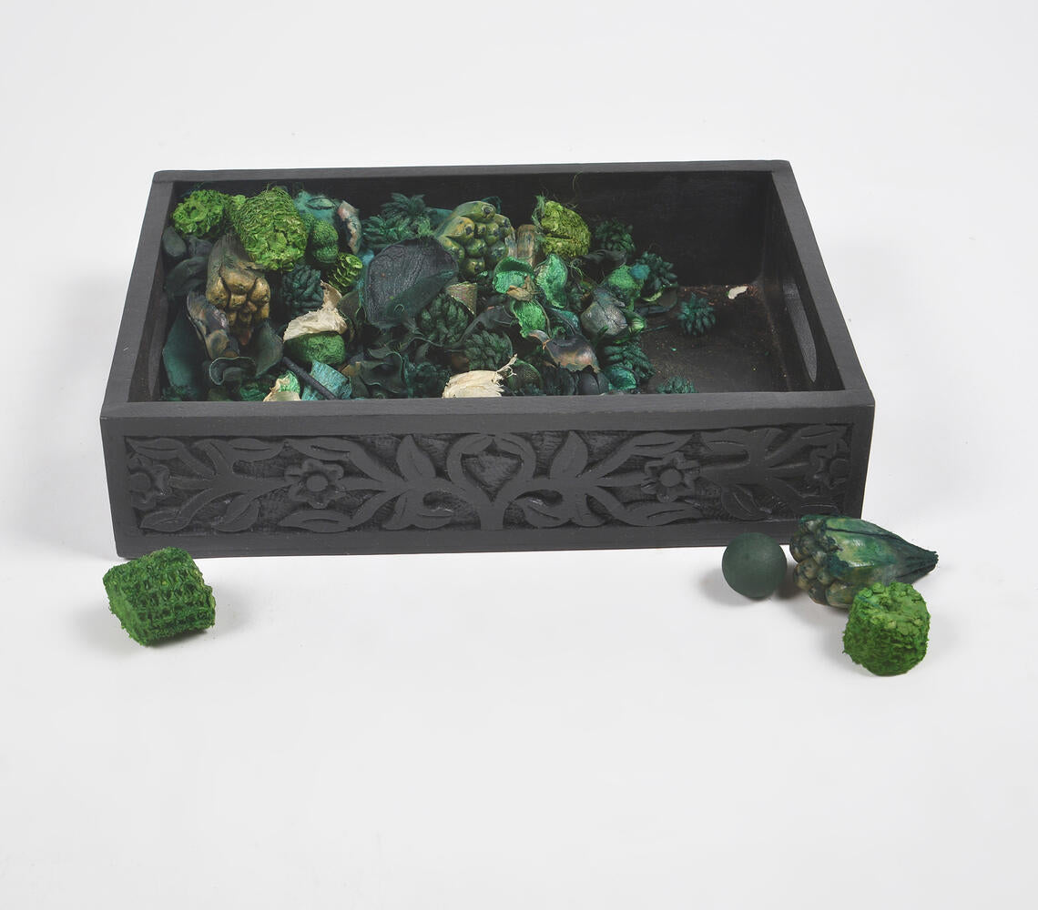 A beautifully arranged pack of Cotton Chips & Mixed Dried Green Herbs Potpourri, showcasing its vibrant green colors and natural textures.