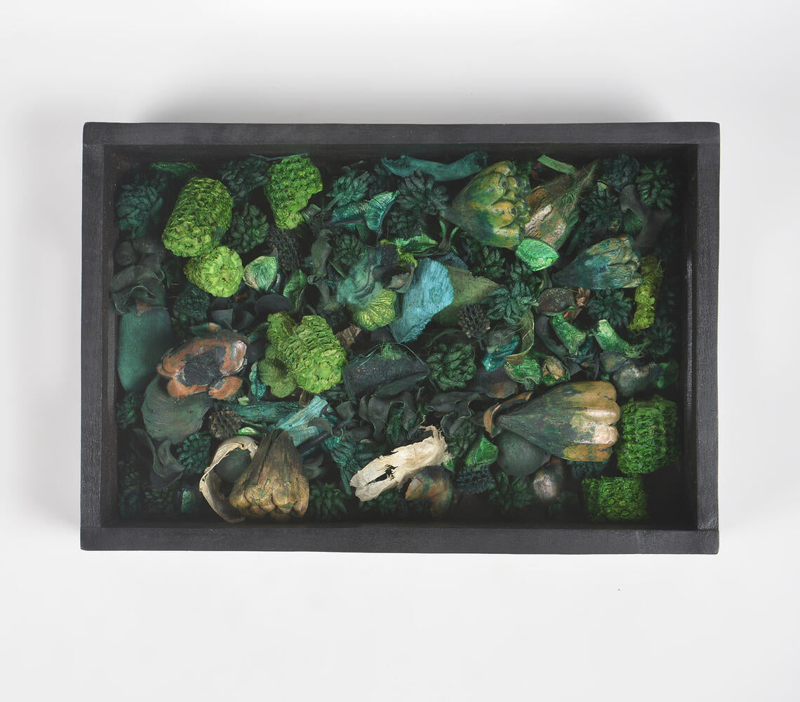 A beautifully arranged pack of Cotton Chips & Mixed Dried Green Herbs Potpourri, showcasing its vibrant green colors and natural textures.