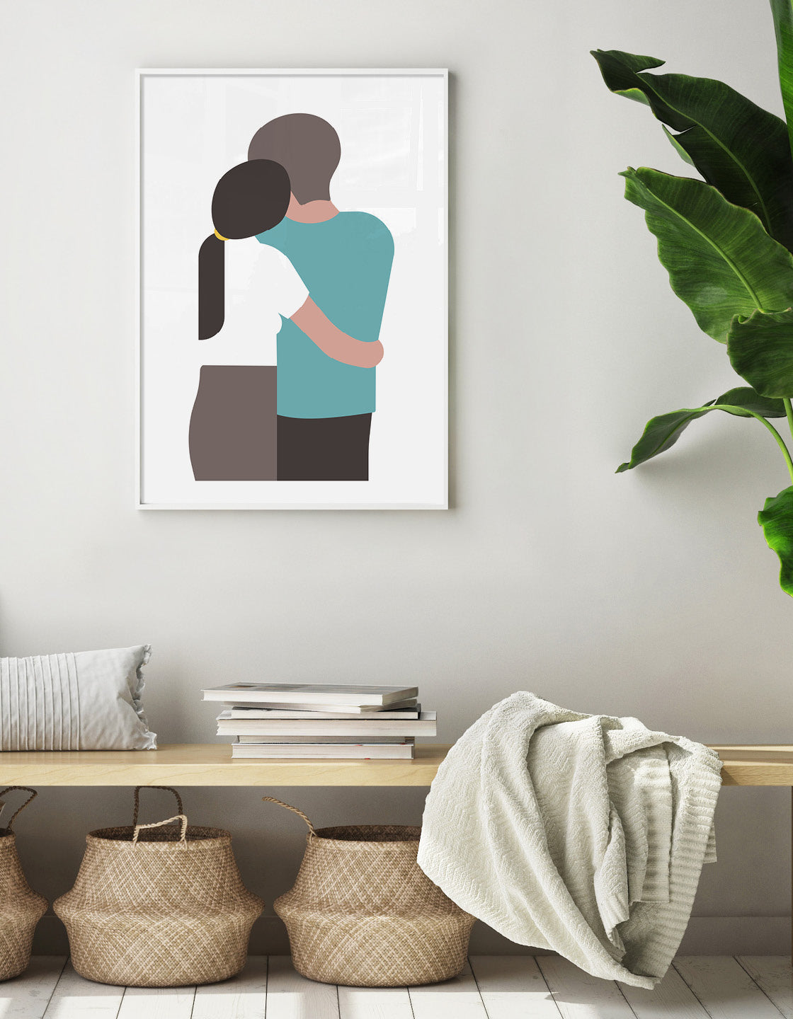 A minimalist print of a couple hugging, symbolizing love and connection, designed for modern home decor.
