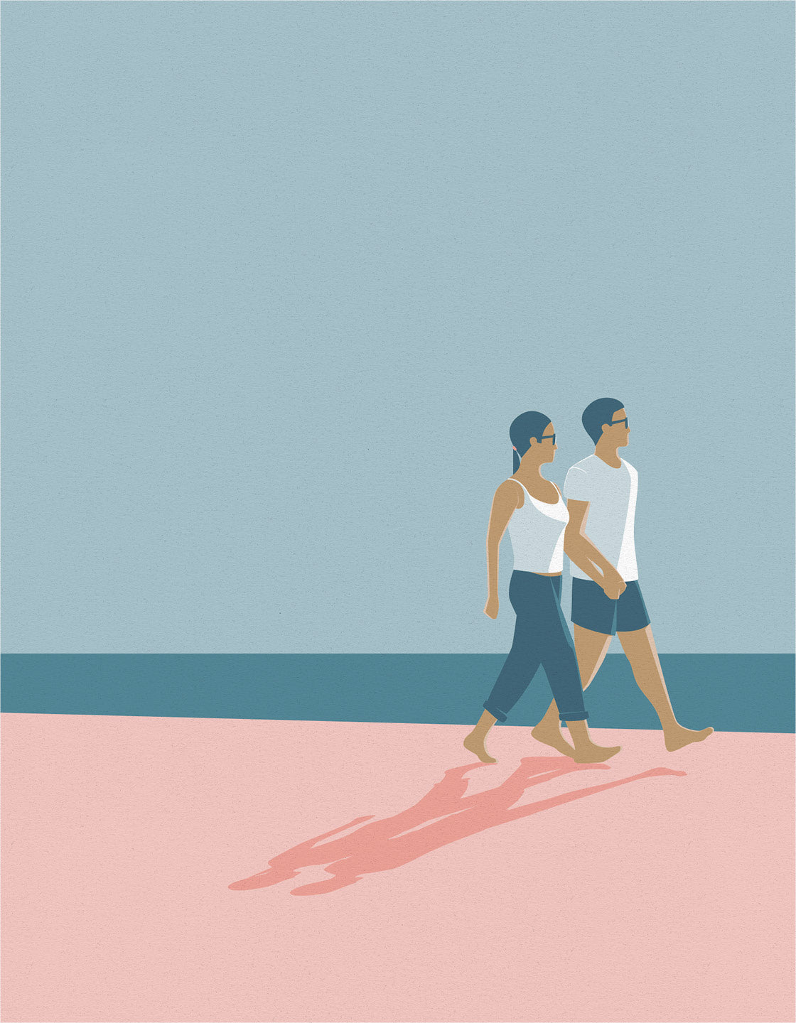 A romantic couple walking hand in hand on a serene beach, capturing minimal holiday vibes.
