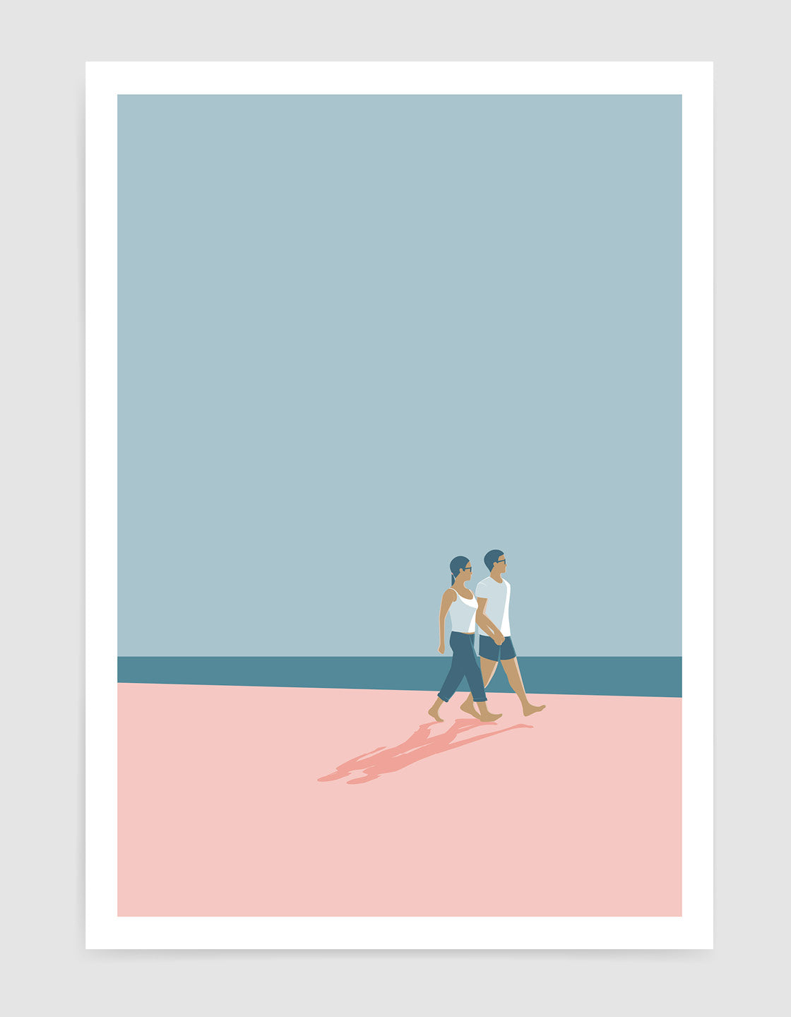 A romantic couple walking hand in hand on a serene beach, capturing minimal holiday vibes.