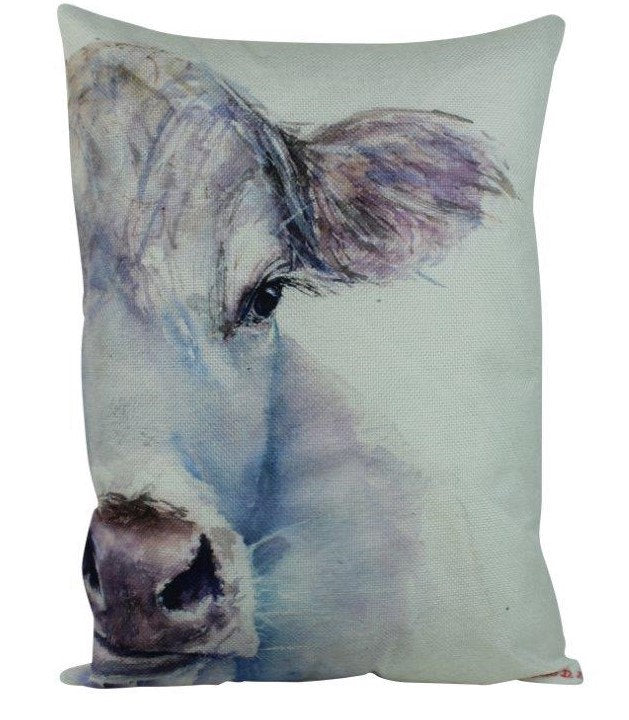 A beautifully designed Cow Farmhouse Pillow Cover featuring original artwork by George Dyachenko, showcasing a lifelike watercolor of a cow.