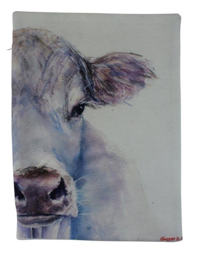 A beautifully designed Cow Farmhouse Pillow Cover featuring original artwork by George Dyachenko, showcasing a lifelike watercolor of a cow.