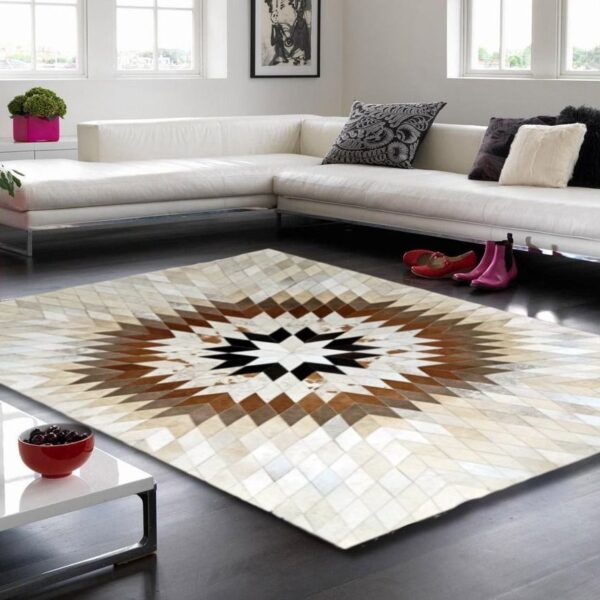 Handmade Cow Skin Rug featuring a star pattern, showcasing natural leather texture and elegant design, perfect for home decor.