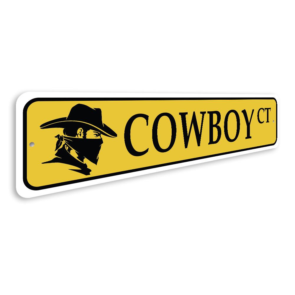 A Cowboy Street Sign made of high-quality aluminum, featuring a rustic design perfect for home decor.