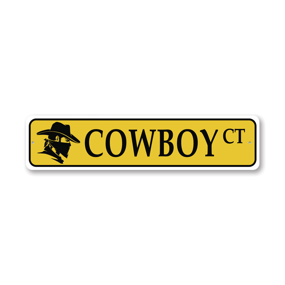 A Cowboy Street Sign made of high-quality aluminum, featuring a rustic design perfect for home decor.