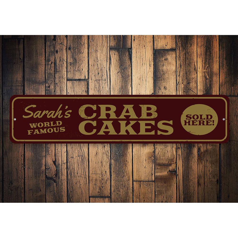 Custom Crab Cakes sign made of high-quality aluminum, featuring vibrant colors and a beach-themed design, perfect for coastal decor.