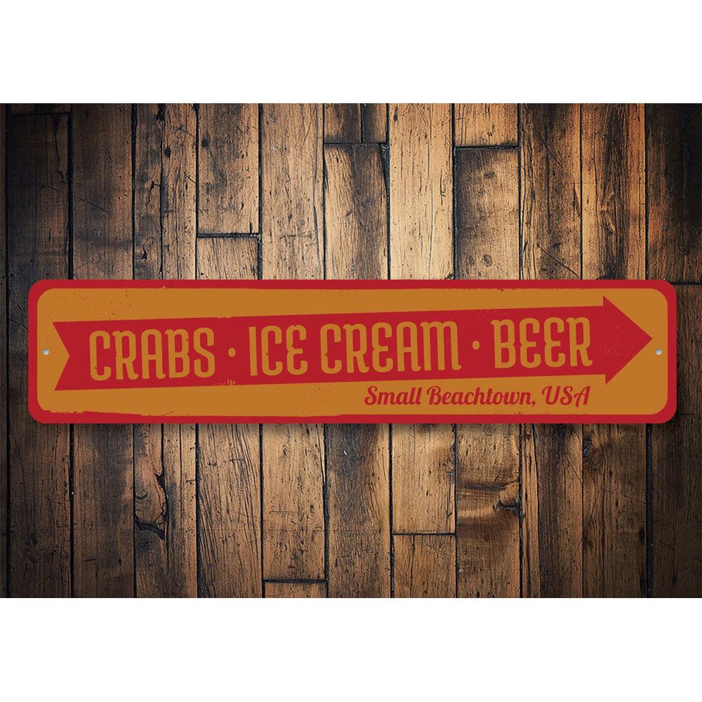 Crabs Ice Cream Beer Sign made of high-quality aluminum, featuring vibrant colors and a playful design, perfect for beach-themed decor.