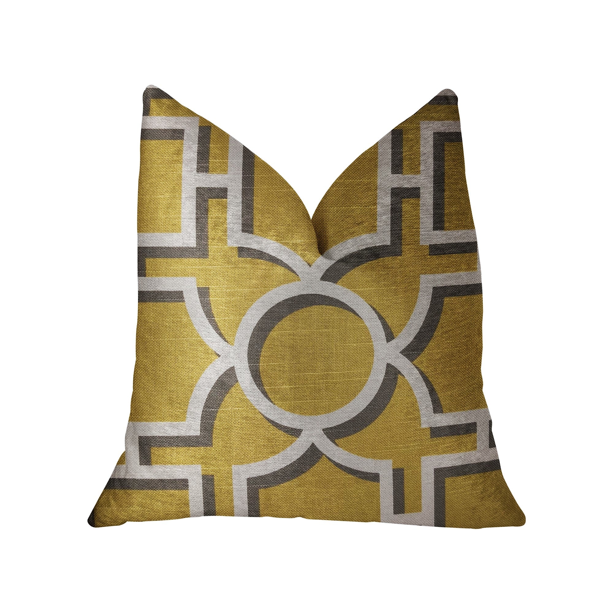 Crane Enclave luxury throw pillow in yellow, beige, and gray with geometric pattern, featuring an invisible zipper and soft cotton fabric.