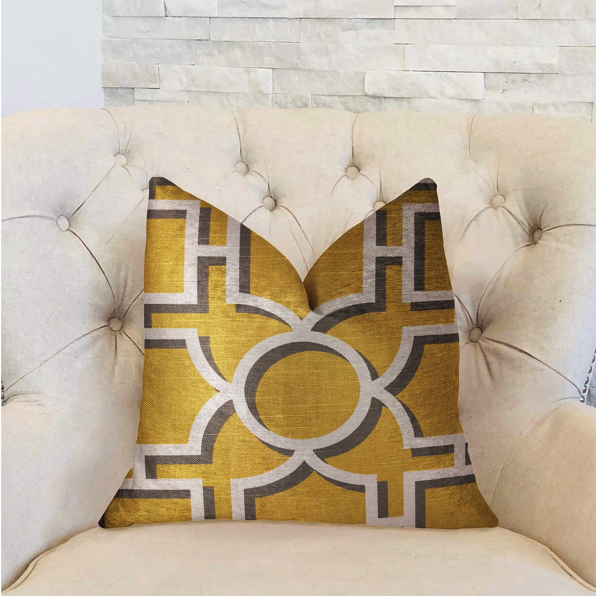 Crane Enclave luxury throw pillow in yellow, beige, and gray with geometric pattern, featuring an invisible zipper and soft cotton fabric.