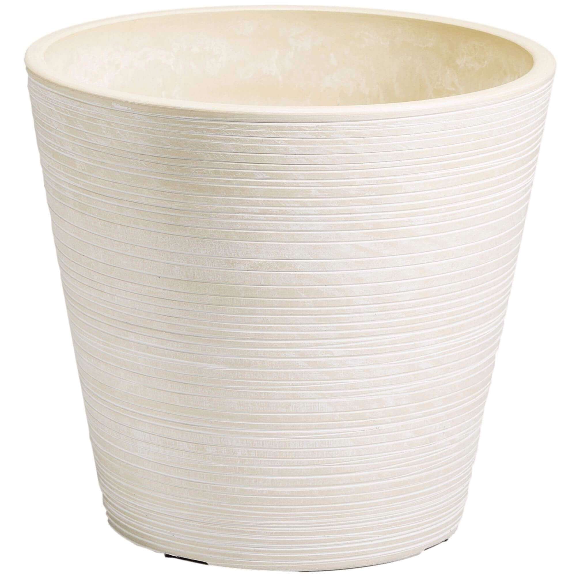 Cream and white hand engraved garden pot, made from recycled materials, showcasing elegant contours and lines.