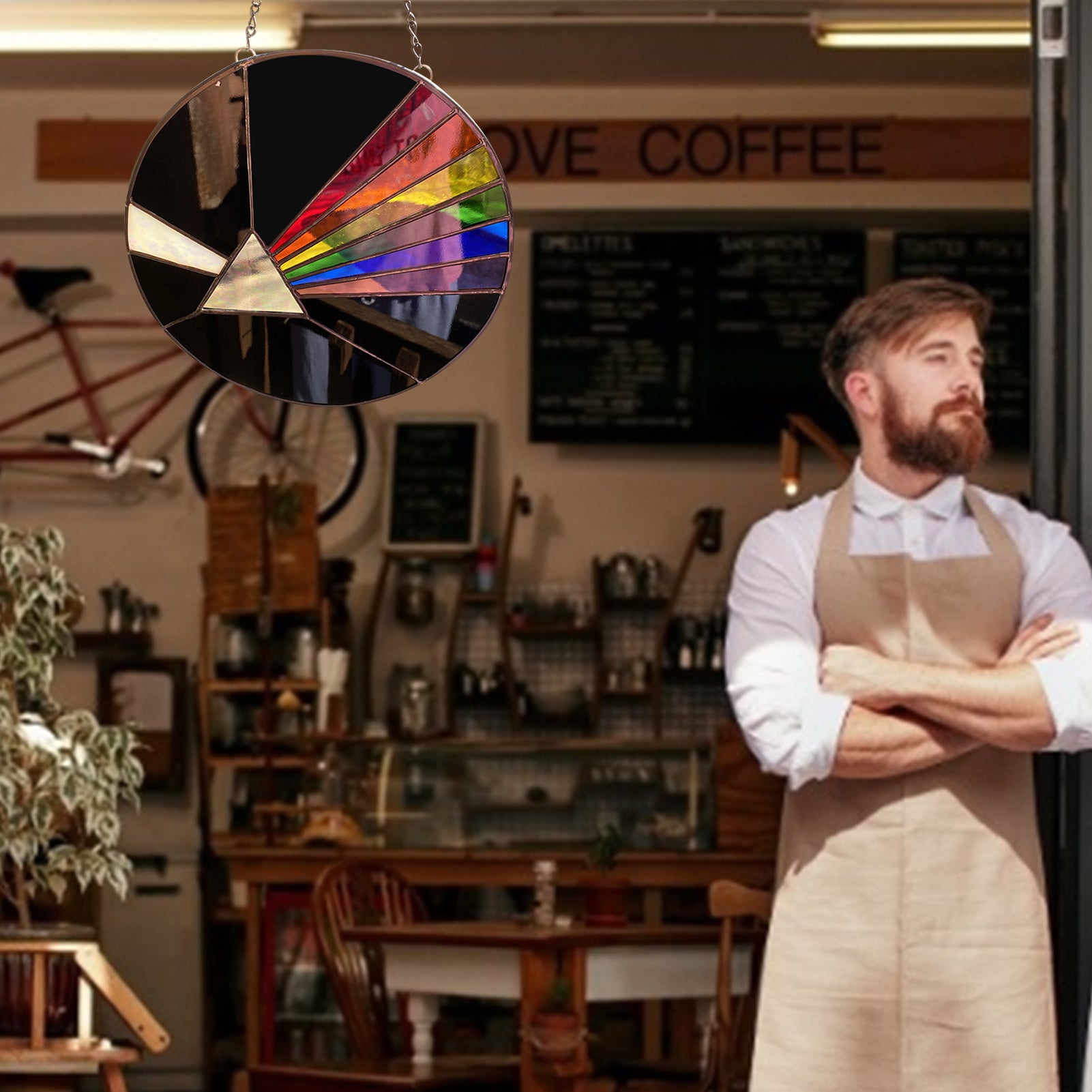 Creative Living Room Wall Decoration featuring Dark Side of the Moon design, showcasing geometric shapes in vibrant acrylic material.