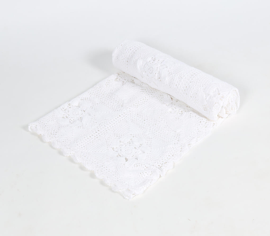 A beautifully crafted Crochet Cotton Floral Throw in beige, showcasing intricate floral patterns and soft texture, perfect for home decor.