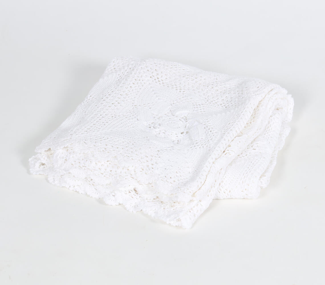 A beautifully crafted Crochet Cotton Floral Throw in beige, showcasing intricate floral patterns and soft texture, perfect for home decor.
