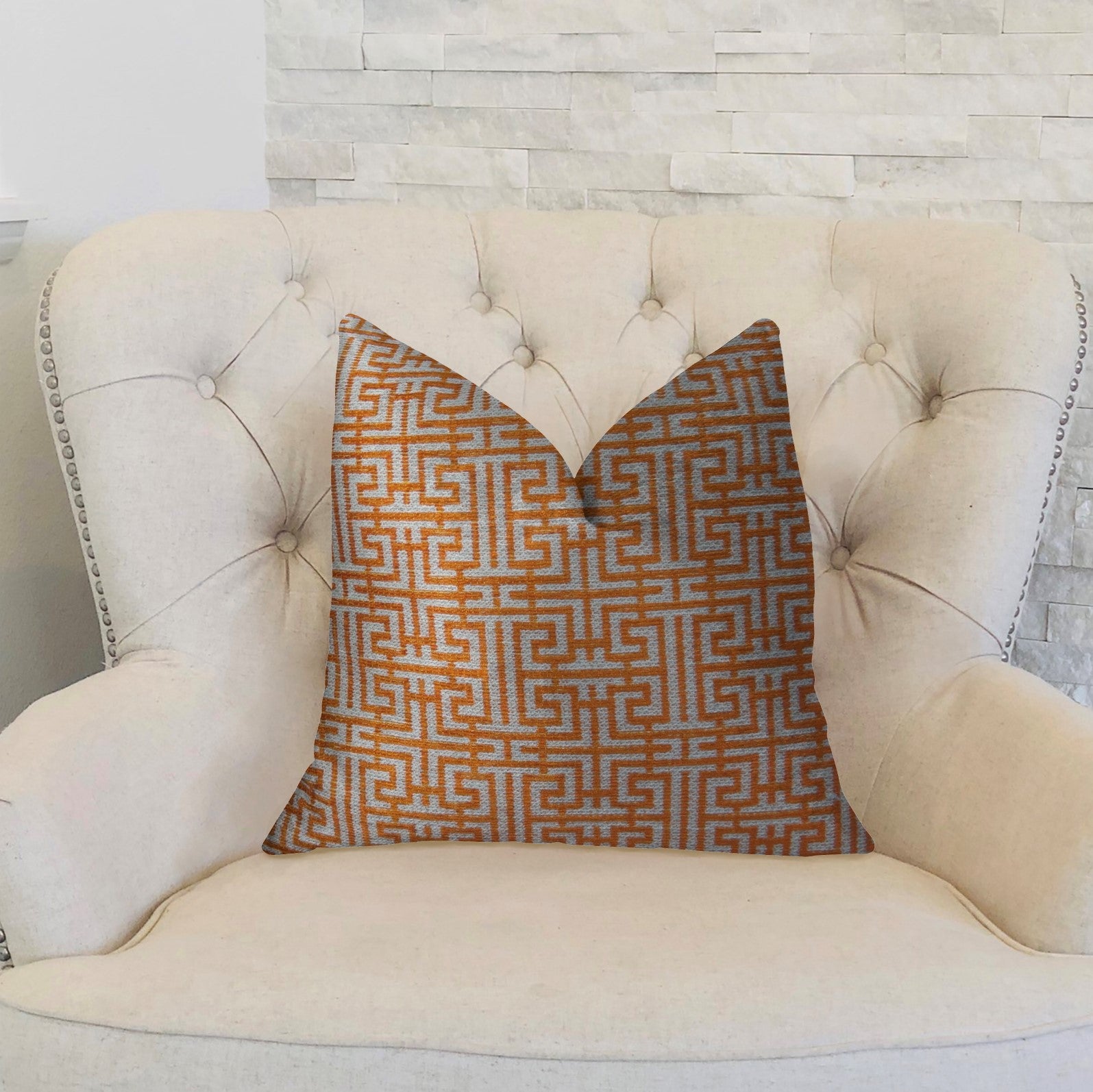 Crossroad Orange and Ivory Handmade Luxury Pillow featuring a maze pattern, double-sided design, and invisible zipper, made in the USA.