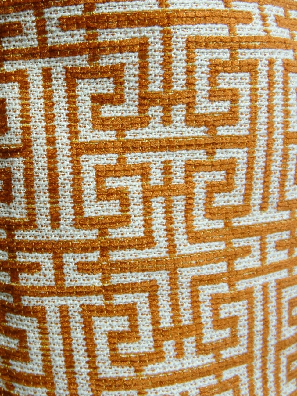 Crossroad Orange and Ivory Handmade Luxury Pillow featuring a maze pattern, double-sided design, and invisible zipper, made in the USA.