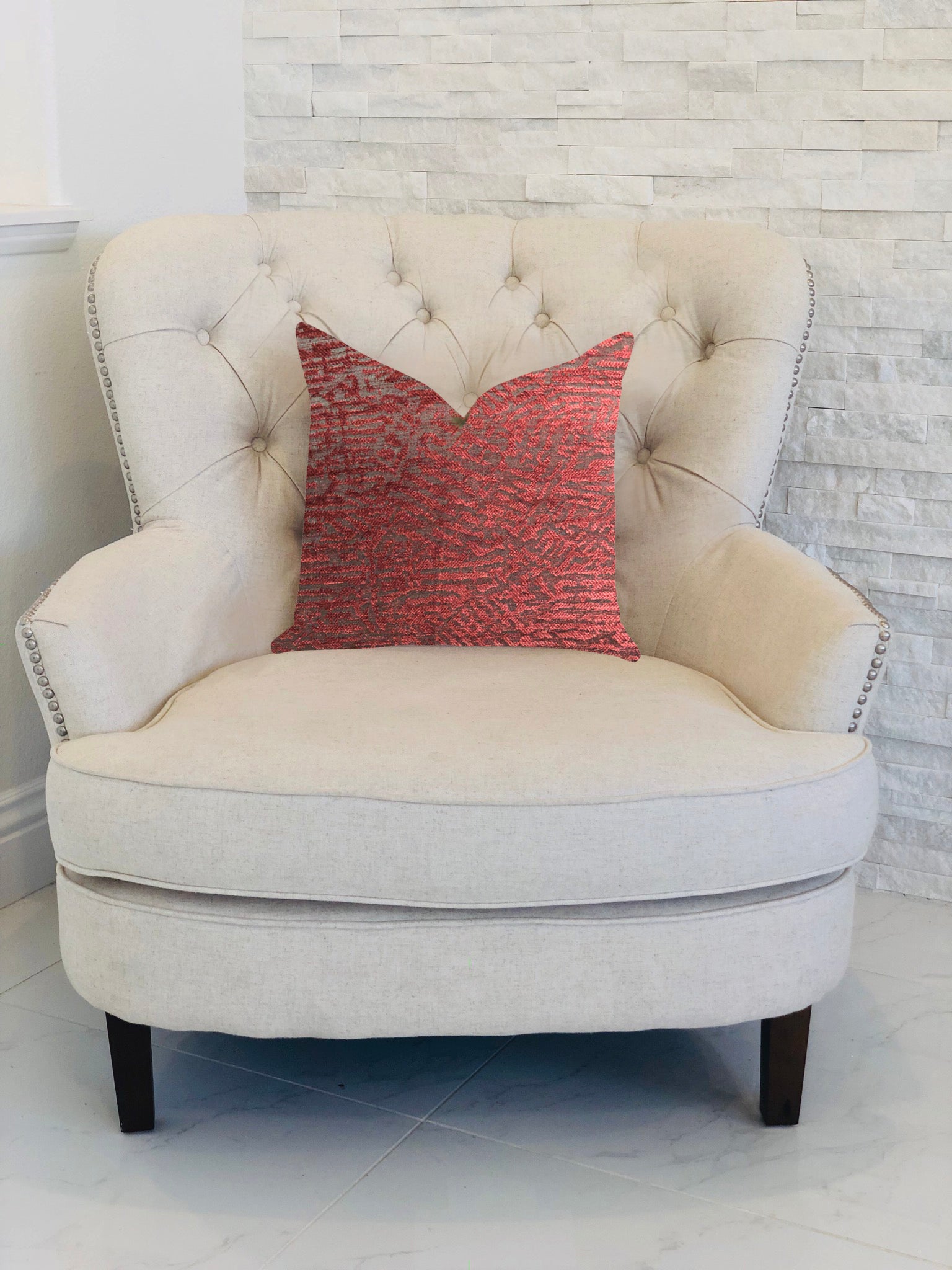 Crushed Wine Luxury Throw Pillow in Dark Red, showcasing its rich color and elegant design with an invisible zipper.