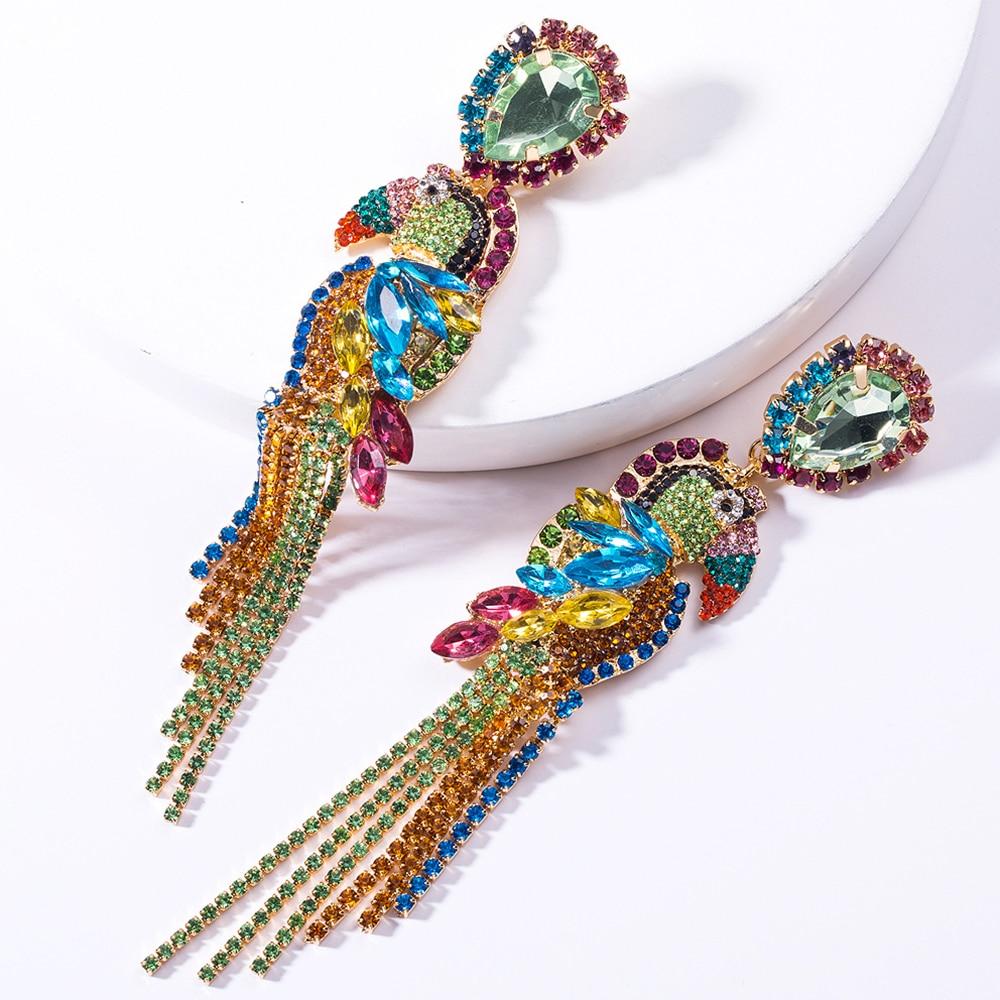 Elegant Crystal Parrot Tassel Earrings featuring a vibrant design and dangle style, perfect for women.