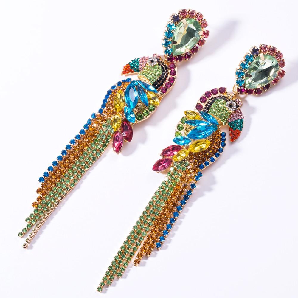 Elegant Crystal Parrot Tassel Earrings featuring a vibrant design and dangle style, perfect for women.