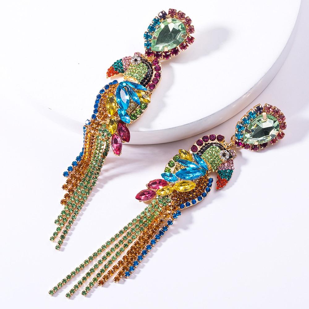 Elegant Crystal Parrot Tassel Earrings featuring a vibrant design and dangle style, perfect for women.