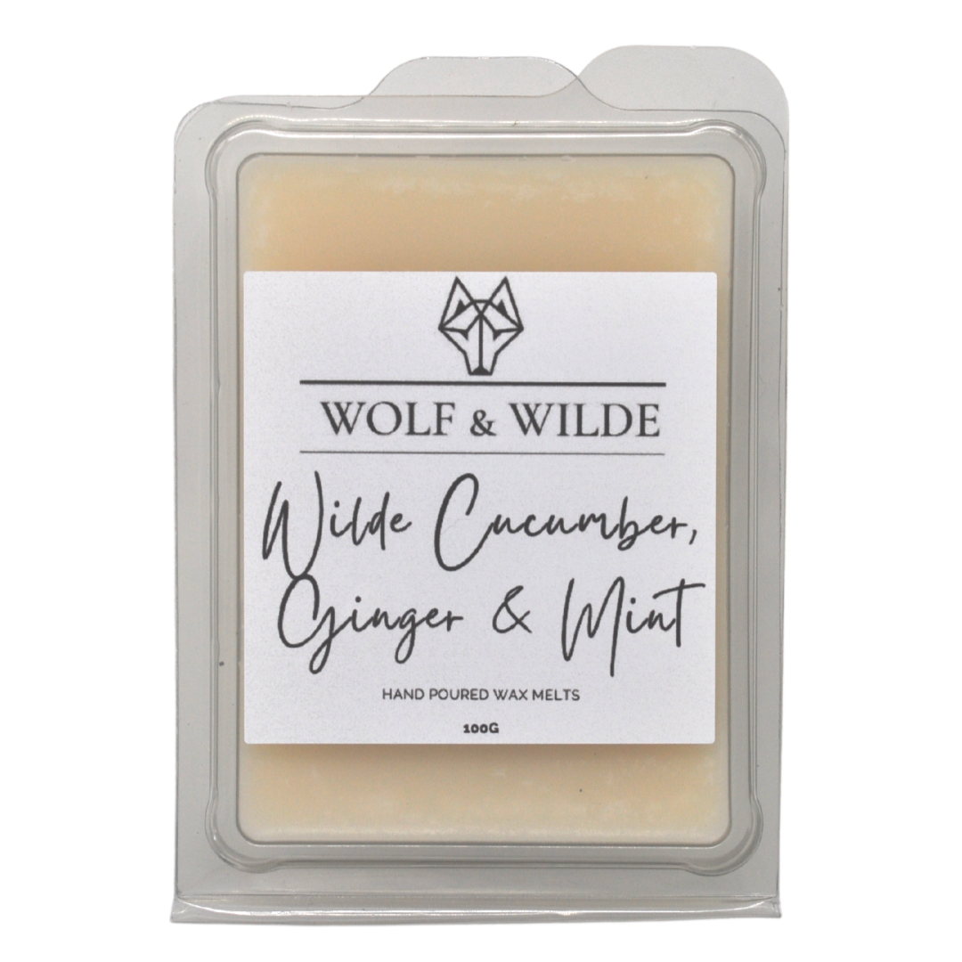 Cucumber, Ginger & Mint Soy Wax Melts in a decorative container, showcasing vibrant green colors and natural ingredients.