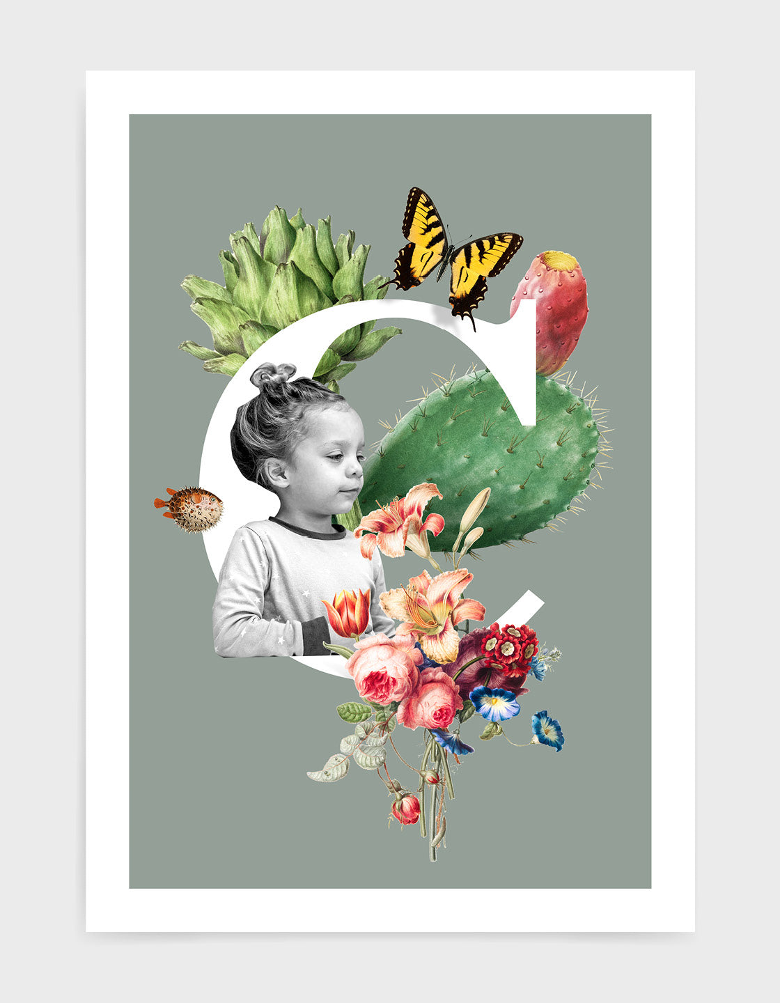 Custom initial collage featuring a personalized image and chosen letter on premium paper.