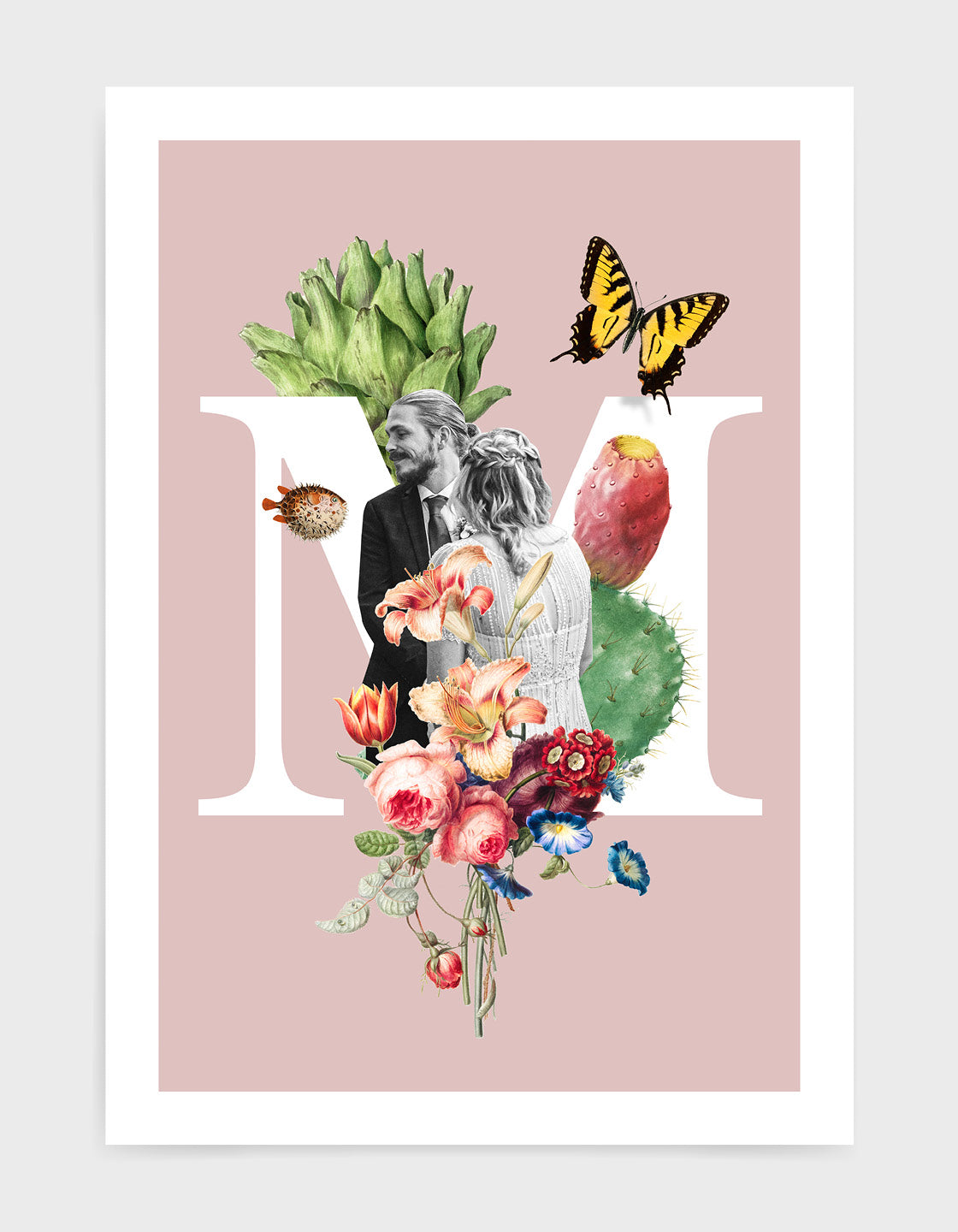 Custom initial collage featuring a personalized image and chosen letter on premium paper.
