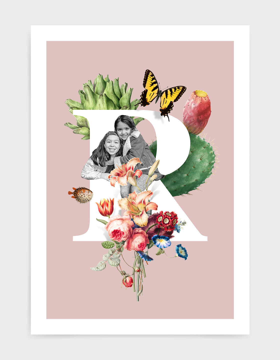Custom initial collage featuring a personalized image and chosen letter on premium paper.