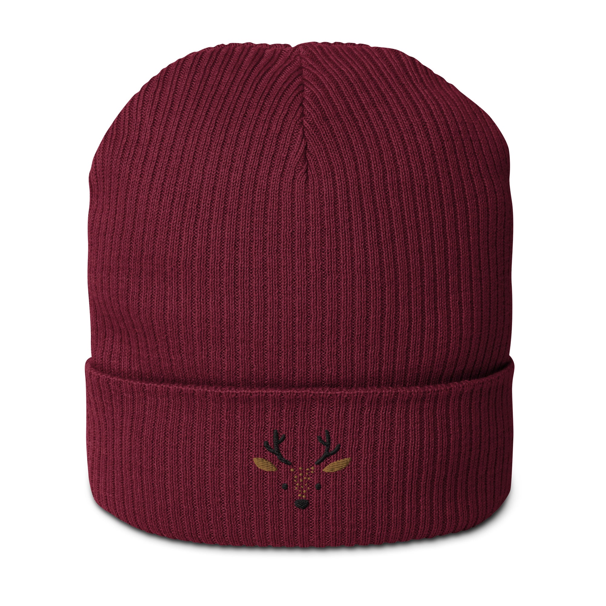 Cute deer embroidered organic ribbed beanie in soft cotton, featuring a whimsical deer design, perfect for winter wear.