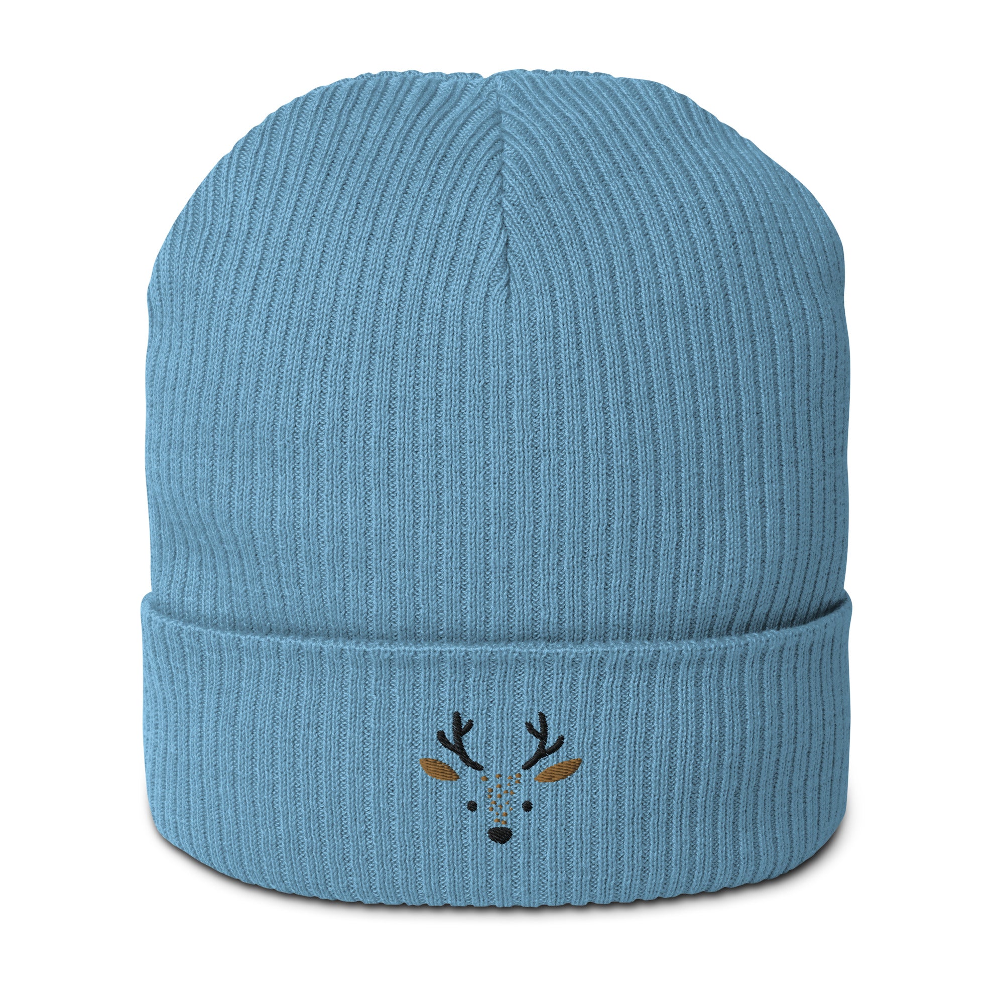 Cute deer embroidered organic ribbed beanie in soft cotton, featuring a whimsical deer design, perfect for winter wear.