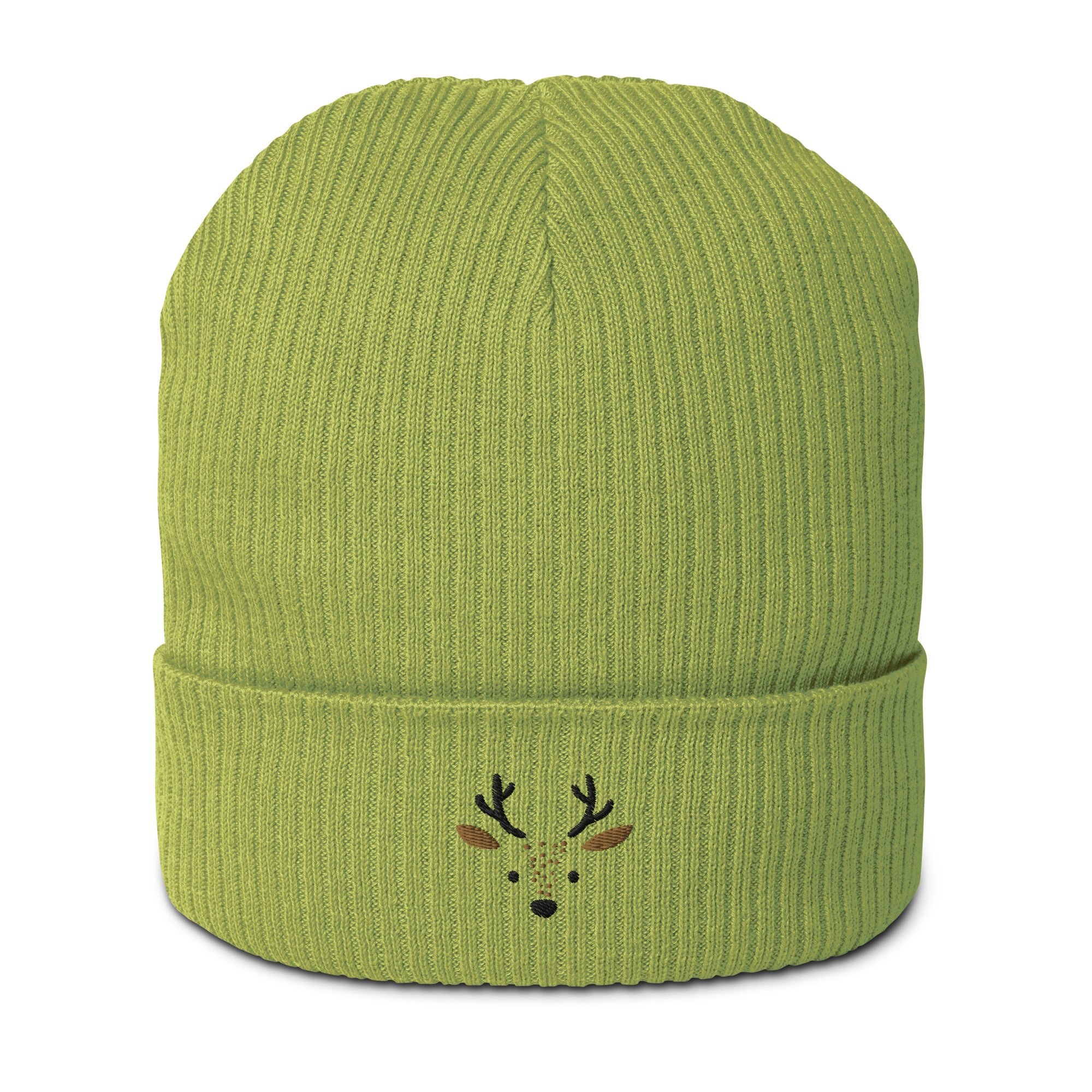 Cute deer embroidered organic ribbed beanie in soft cotton, featuring a whimsical deer design, perfect for winter wear.