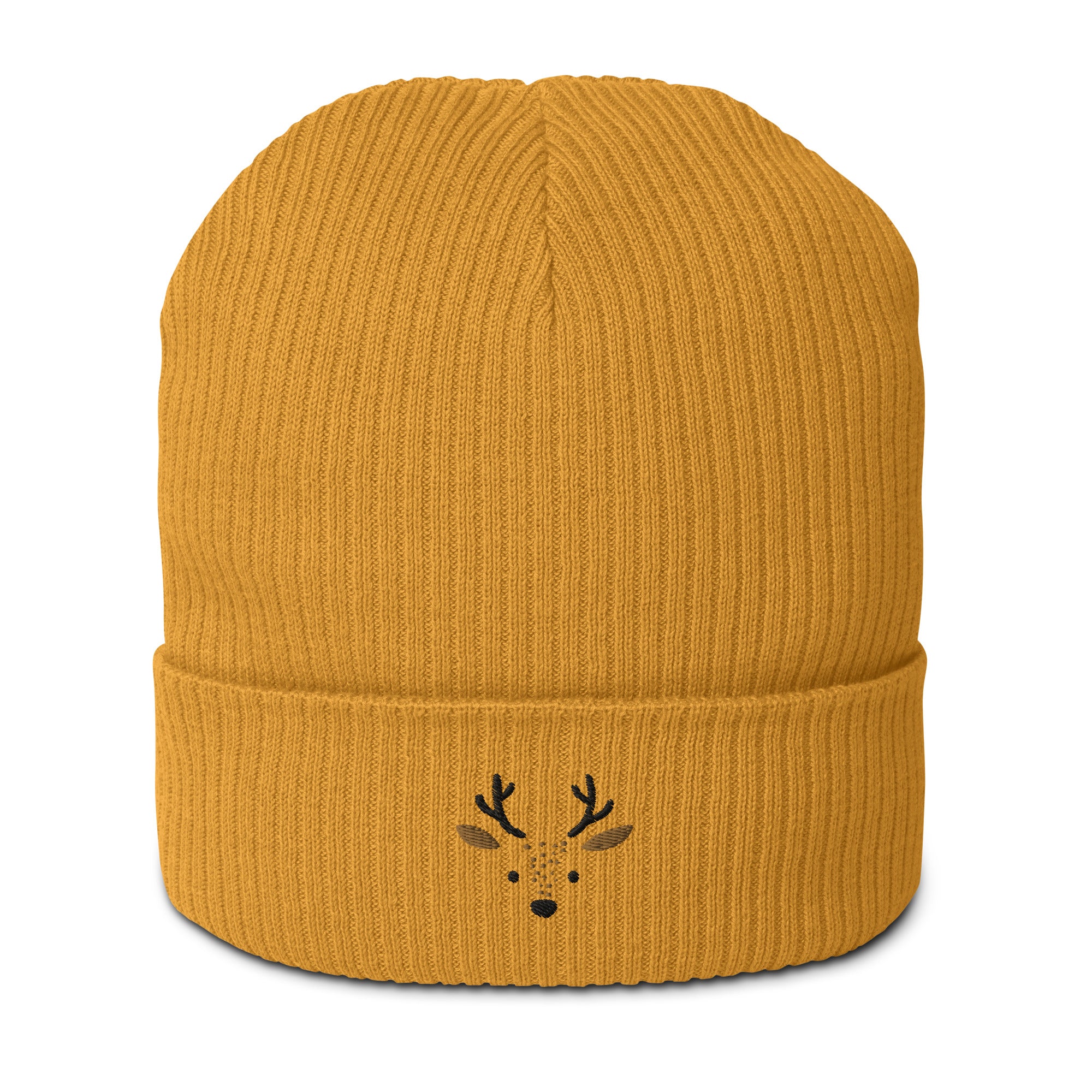 Cute deer embroidered organic ribbed beanie in soft cotton, featuring a whimsical deer design, perfect for winter wear.
