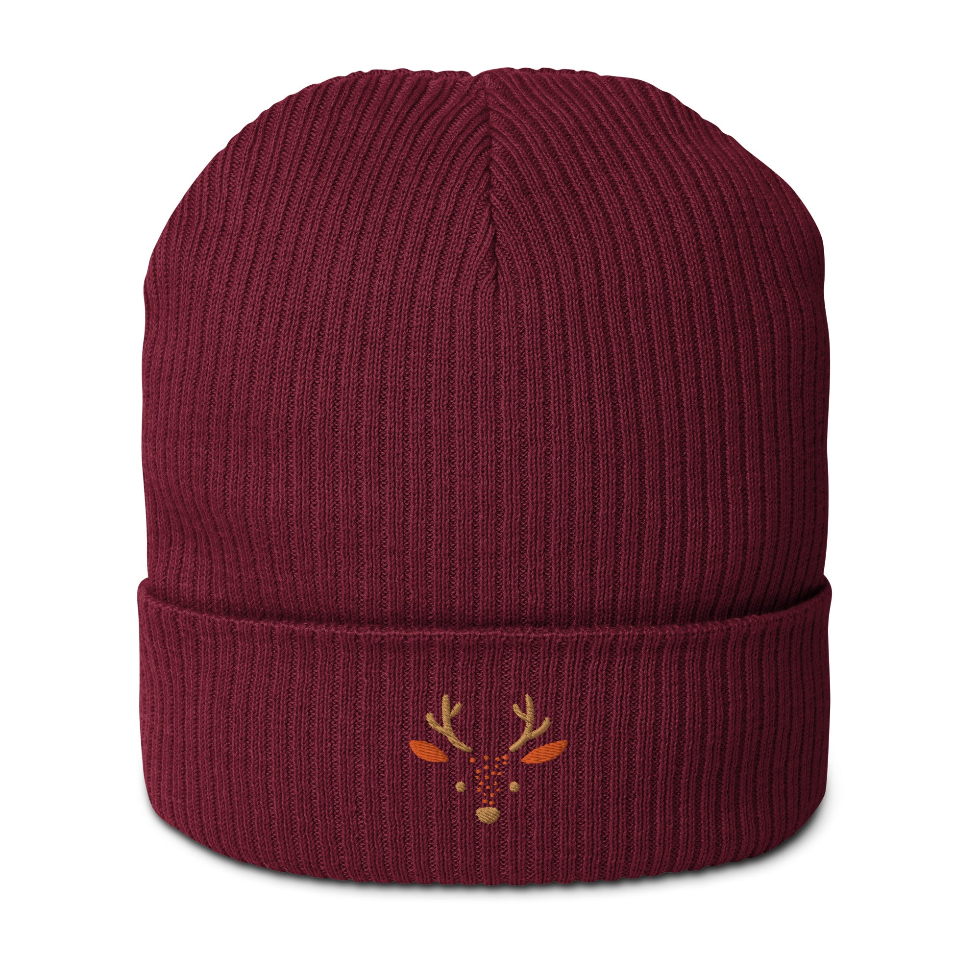 Cute deer embroidered organic ribbed beanie in soft cotton, featuring a whimsical deer design, perfect for winter wear.