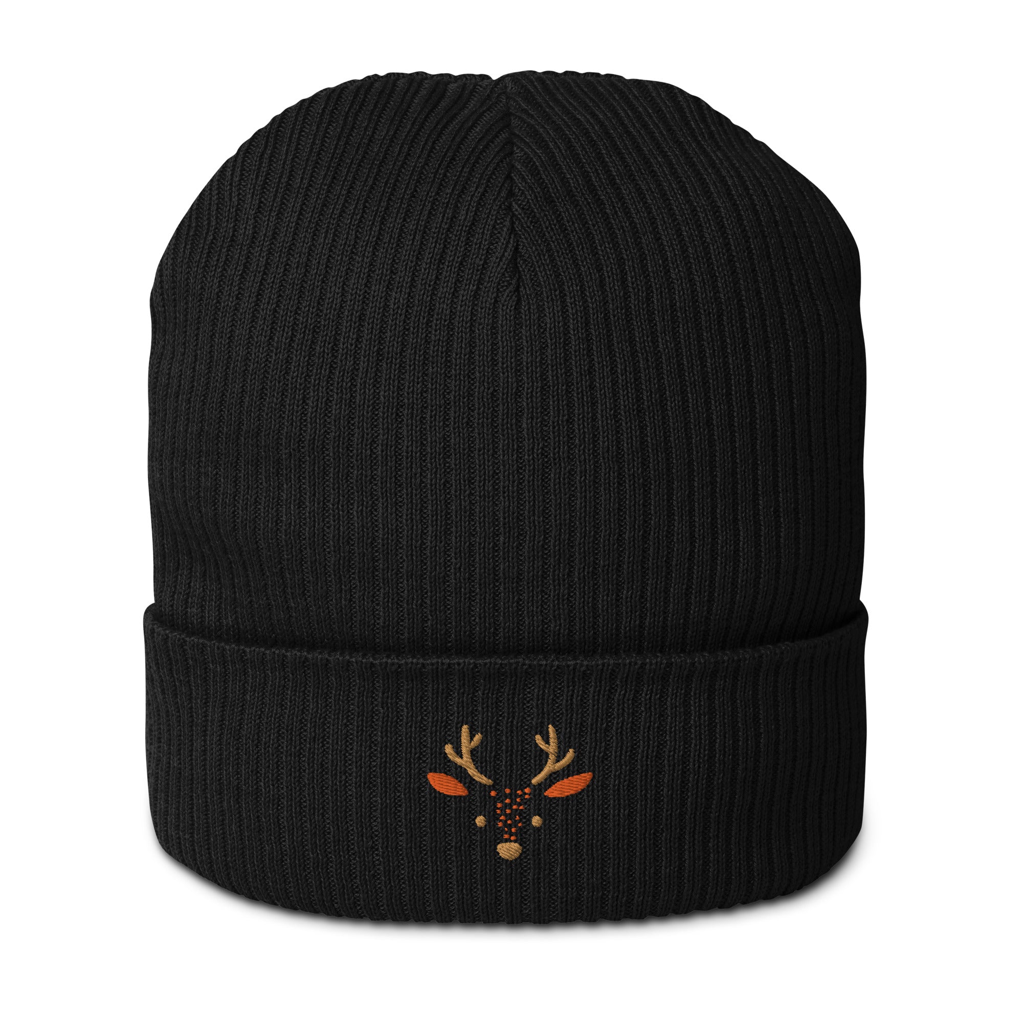 Cute deer embroidered organic ribbed beanie in soft cotton, featuring a whimsical deer design, perfect for winter wear.