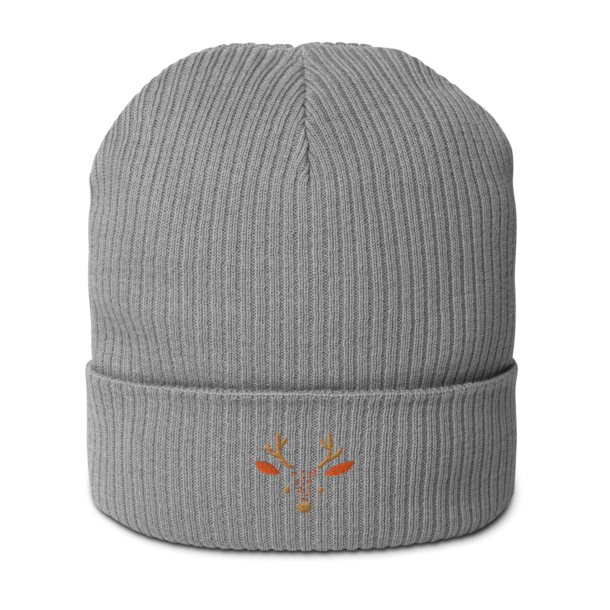 Cute deer embroidered organic ribbed beanie in soft cotton, featuring a whimsical deer design, perfect for winter wear.