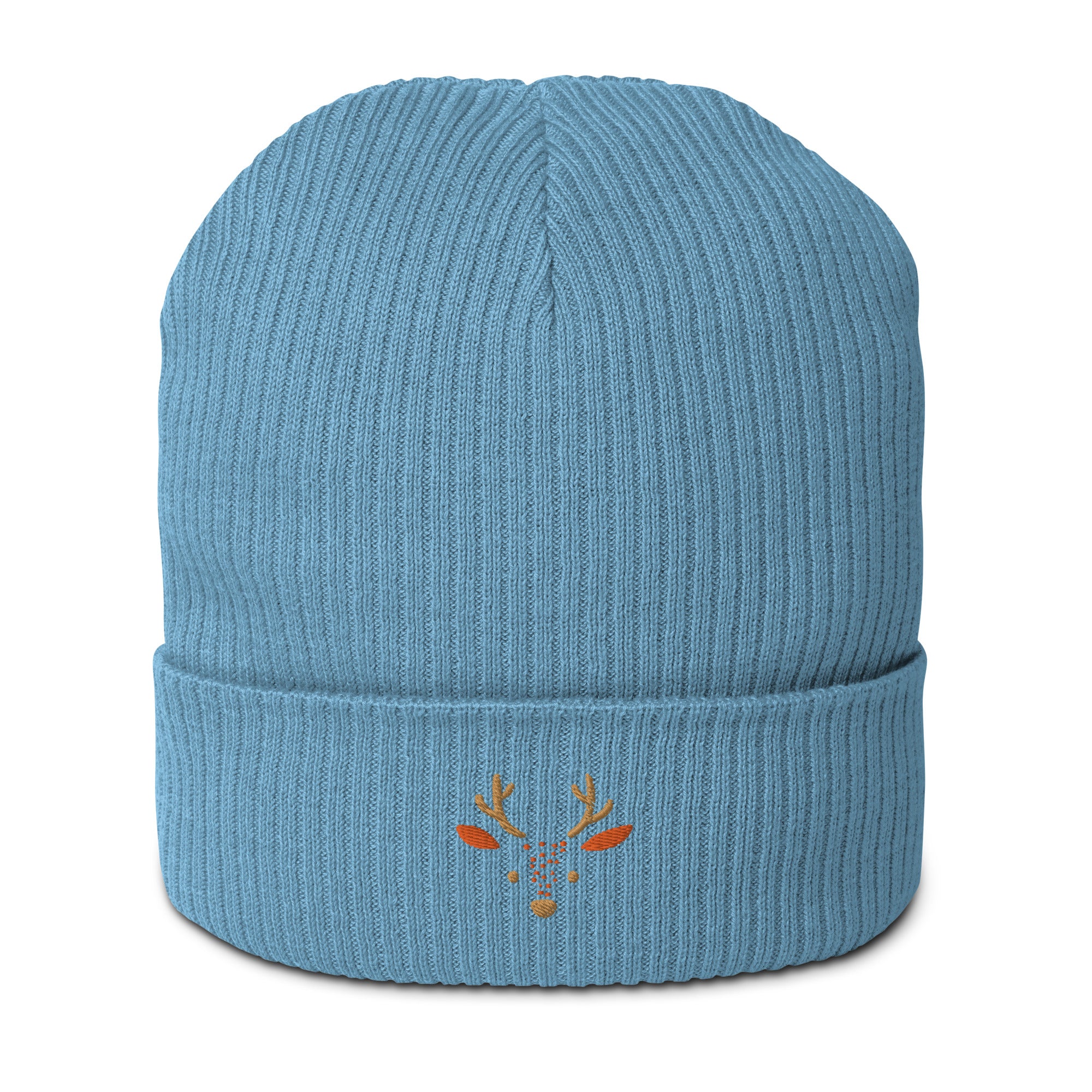Cute deer embroidered organic ribbed beanie in soft cotton, featuring a whimsical deer design, perfect for winter wear.