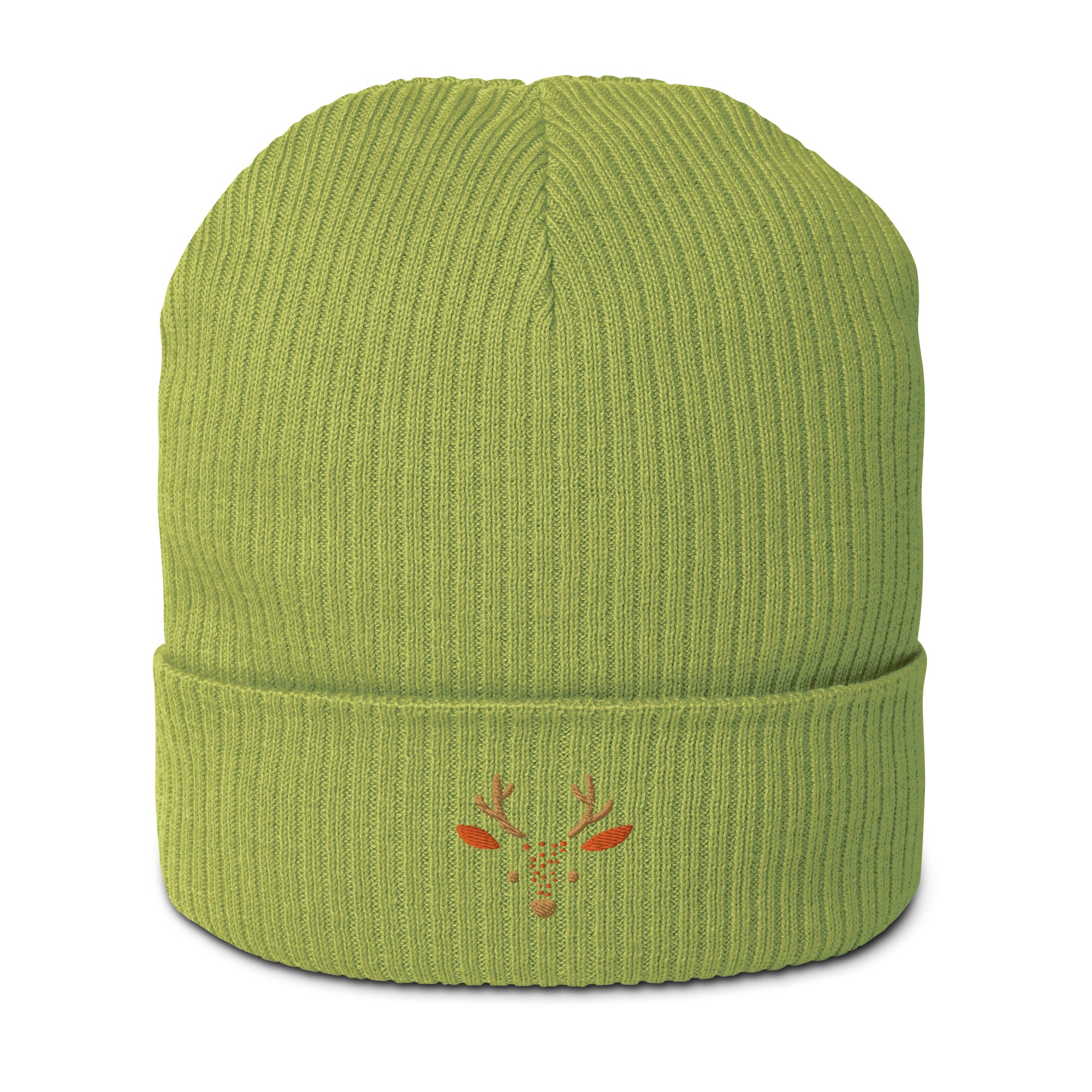 Cute deer embroidered organic ribbed beanie in soft cotton, featuring a whimsical deer design, perfect for winter wear.