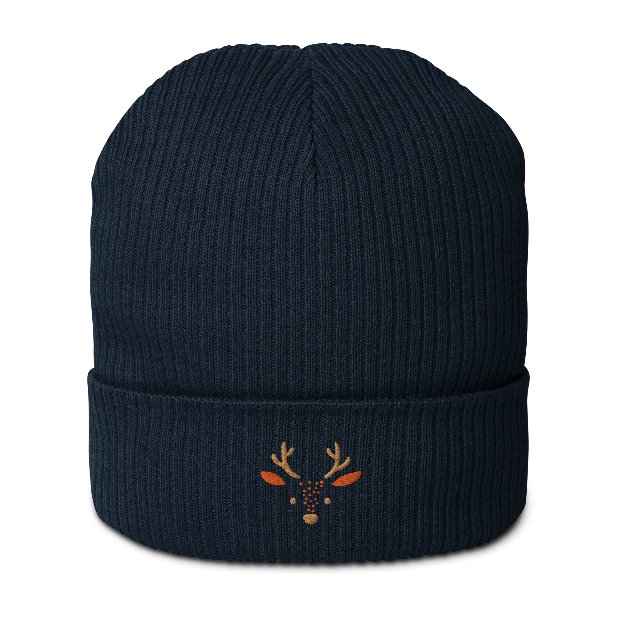 Cute deer embroidered organic ribbed beanie in soft cotton, featuring a whimsical deer design, perfect for winter wear.