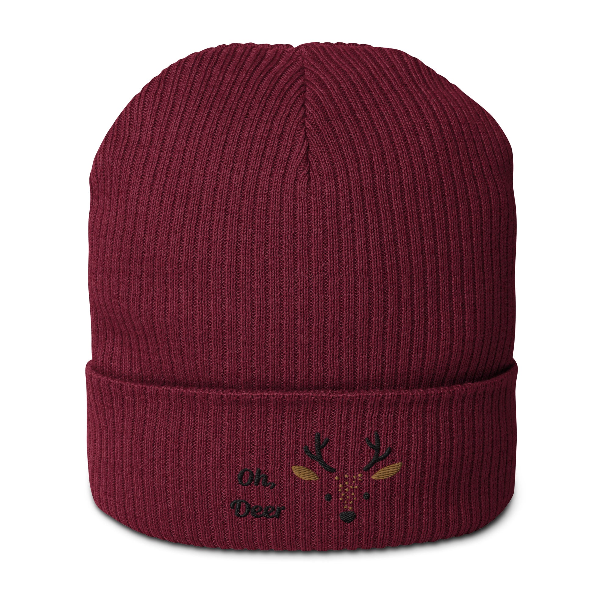 Cute deer embroidered organic ribbed beanie in soft cotton, featuring a whimsical deer design, perfect for winter wear.